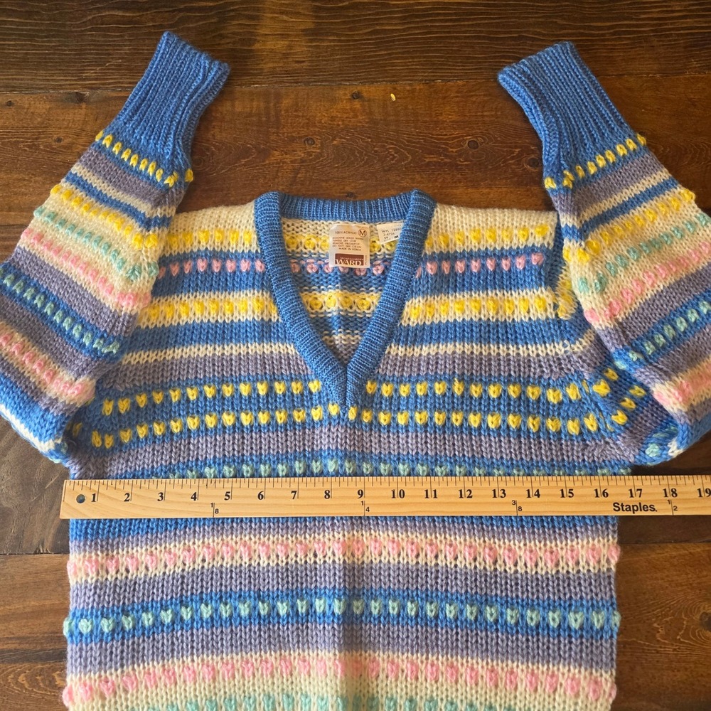 Montgomery Ward Womens Medium Striped Knit V Neck Acrylic Sweater Blue Pastel - Picture 5 of 6
